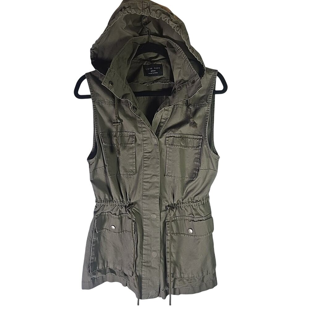 Love Tree Sleeveless Jacket Vest Hoodie Dark Green 100% Cotton Womens Medium